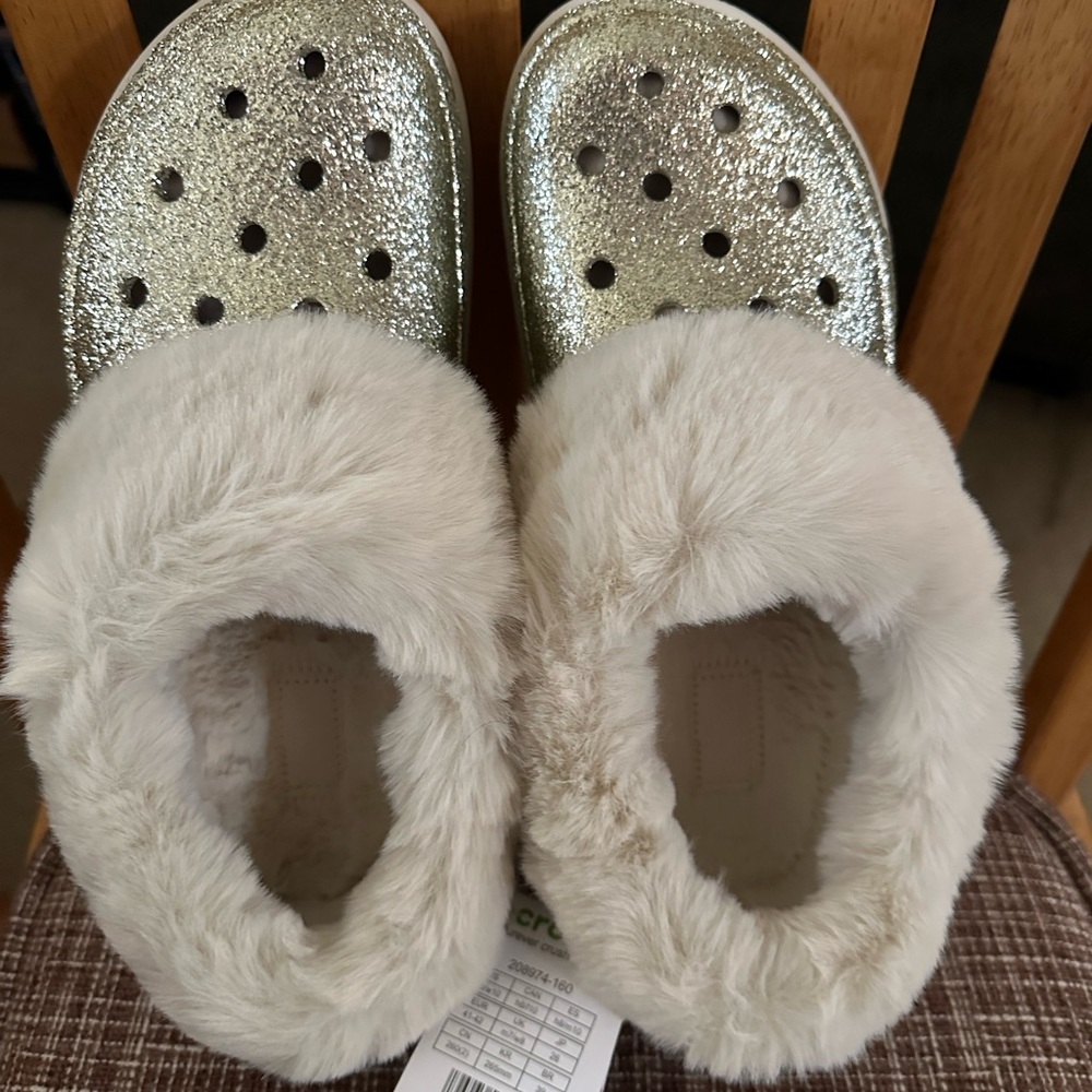 Gold Glitter Clogs with Faux Fur Lining